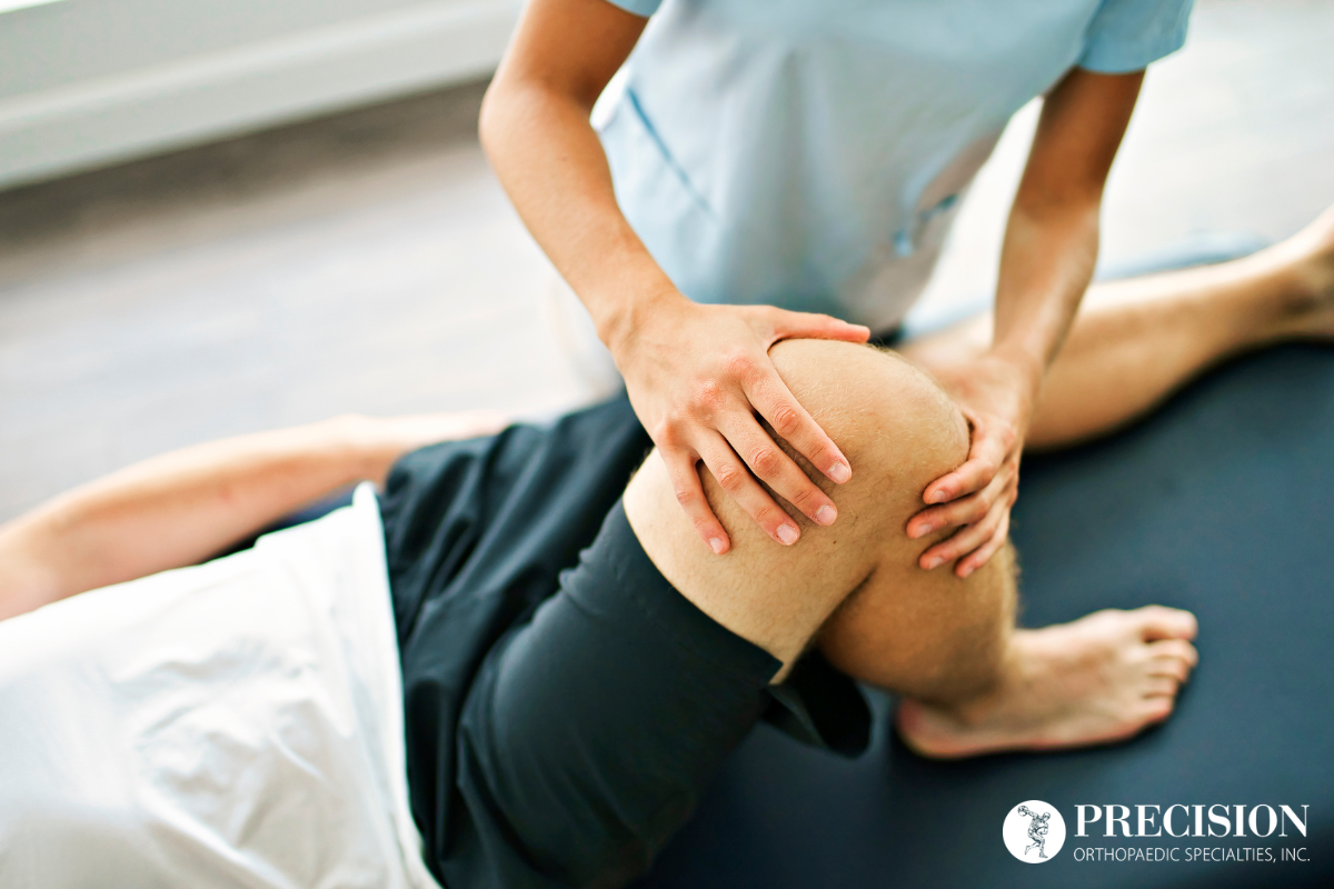 A man receiving rehabilitation for his knee after surgery to aid in recovery in Chardon, Ohio.