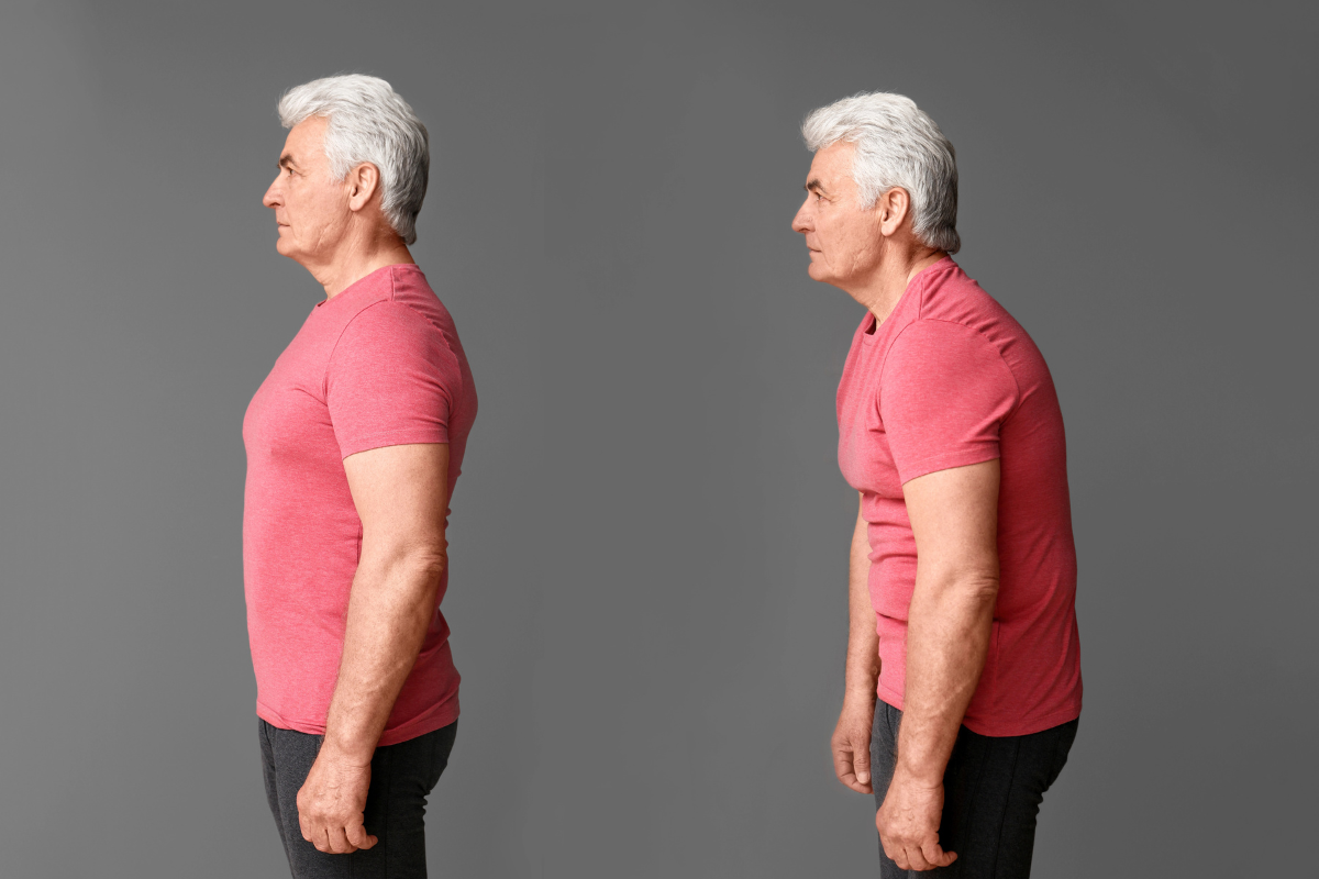 A man portraying good and bad posture in Ohio.